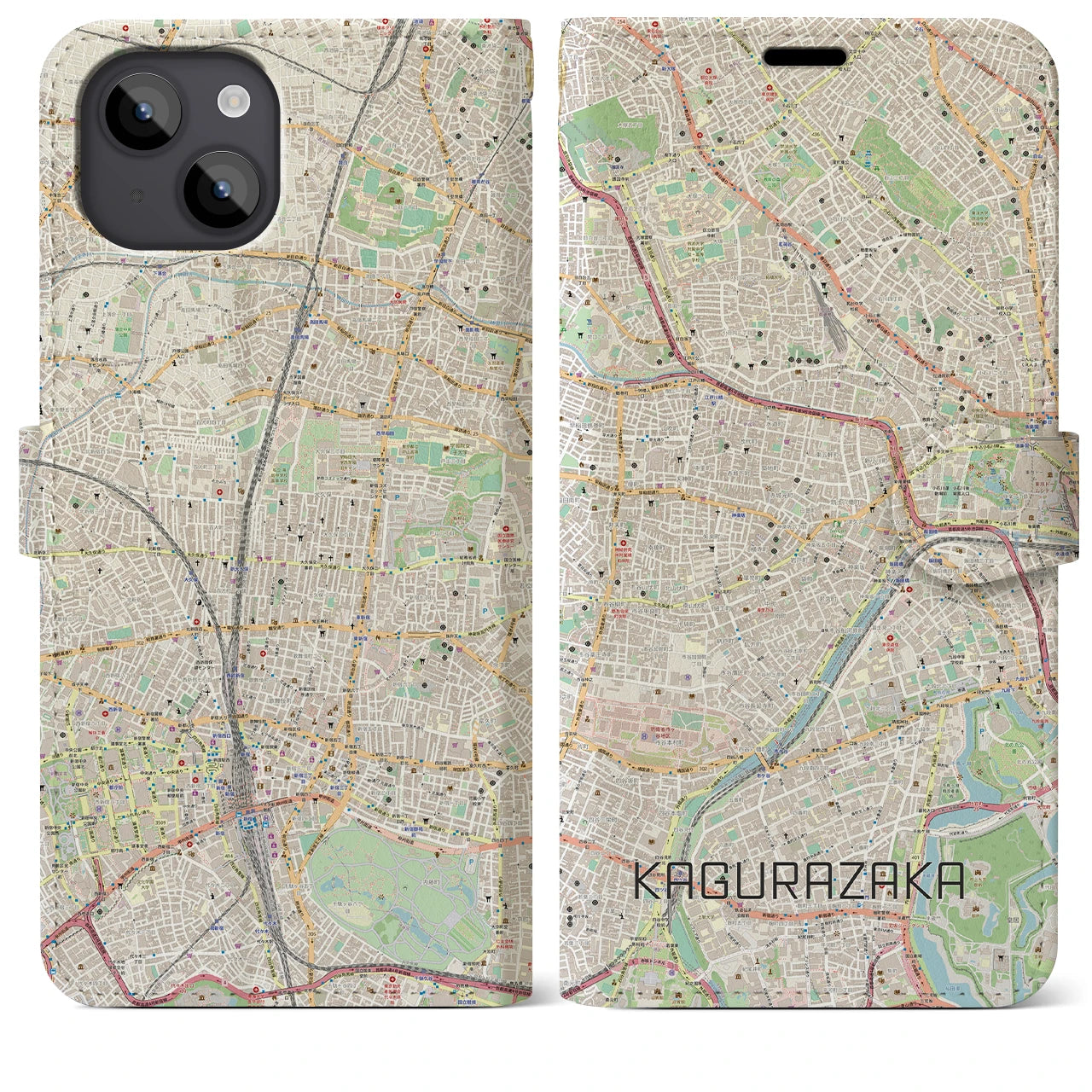 【神楽坂】地図柄iPhoneケース（手帳両面タイプ・ナチュラル）iPhone 14 Plus 用