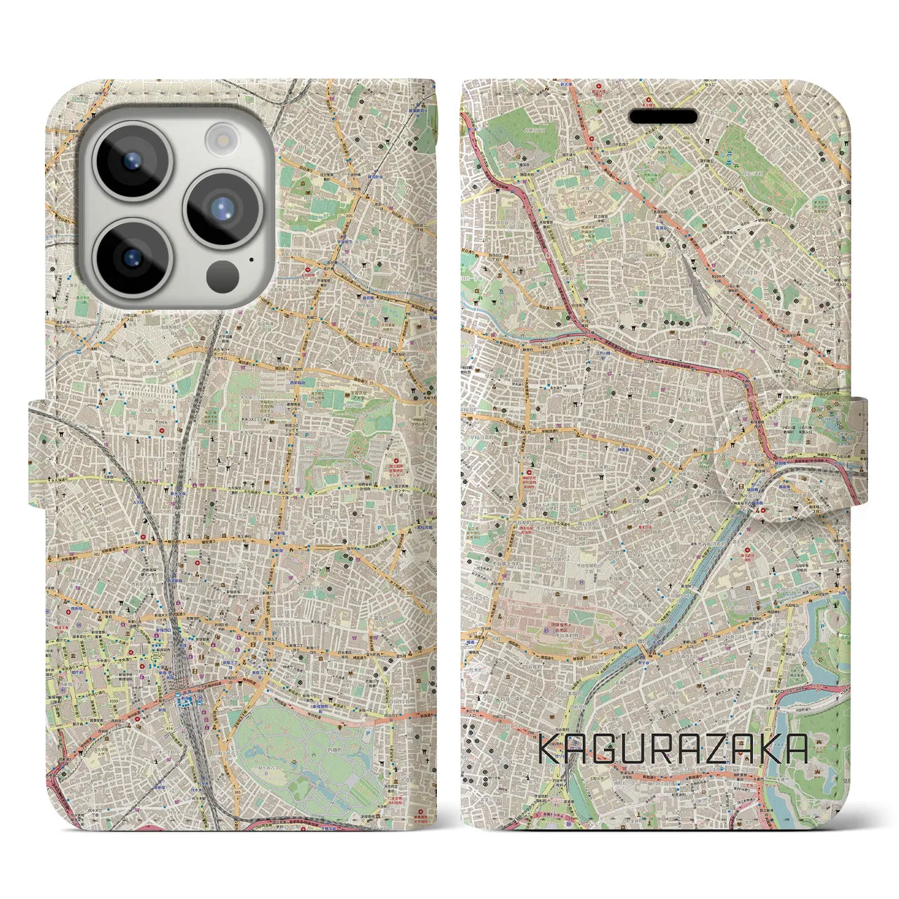 【神楽坂】地図柄iPhoneケース（手帳両面タイプ・ナチュラル）iPhone 15 Pro 用