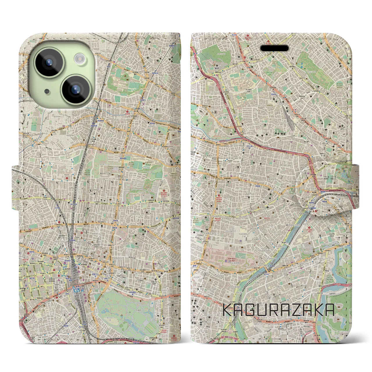 【神楽坂】地図柄iPhoneケース（手帳両面タイプ・ナチュラル）iPhone 15 用