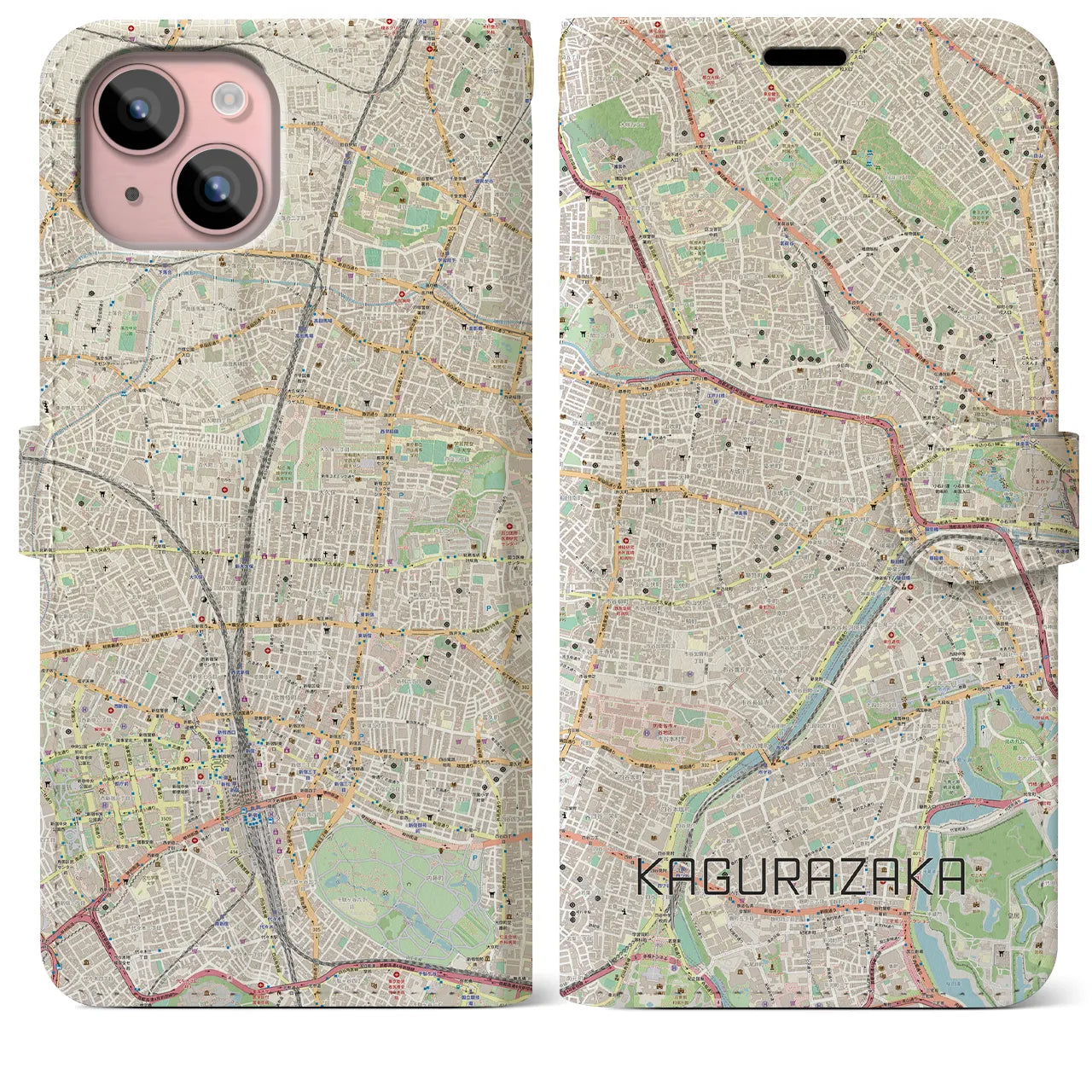 【神楽坂】地図柄iPhoneケース（手帳両面タイプ・ナチュラル）iPhone 15 Plus 用
