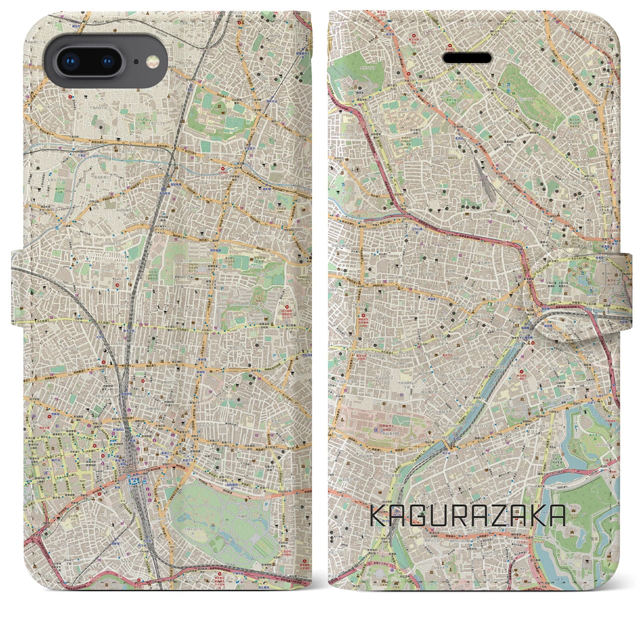 【神楽坂】地図柄iPhoneケース（手帳両面タイプ・ナチュラル）iPhone 8Plus /7Plus / 6sPlus / 6Plus 用