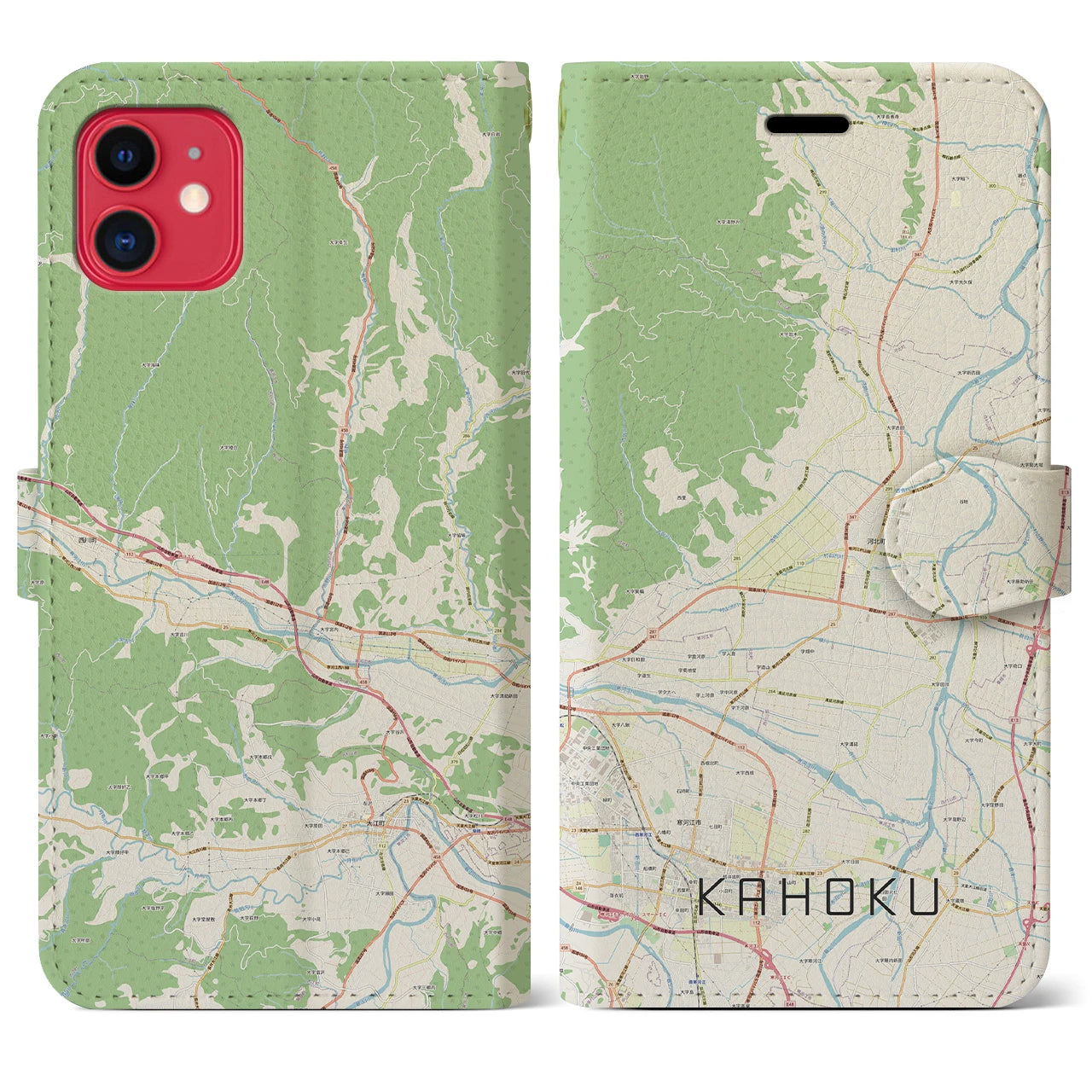 【河北】地図柄iPhoneケース（手帳両面タイプ・ナチュラル）iPhone 11 用