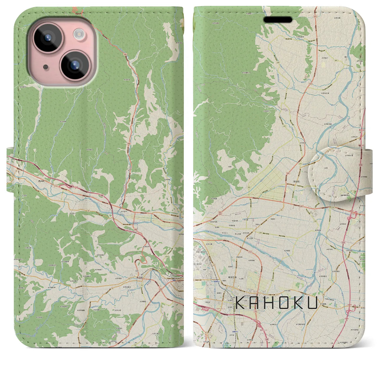 【河北】地図柄iPhoneケース（手帳両面タイプ・ナチュラル）iPhone 15 Plus 用
