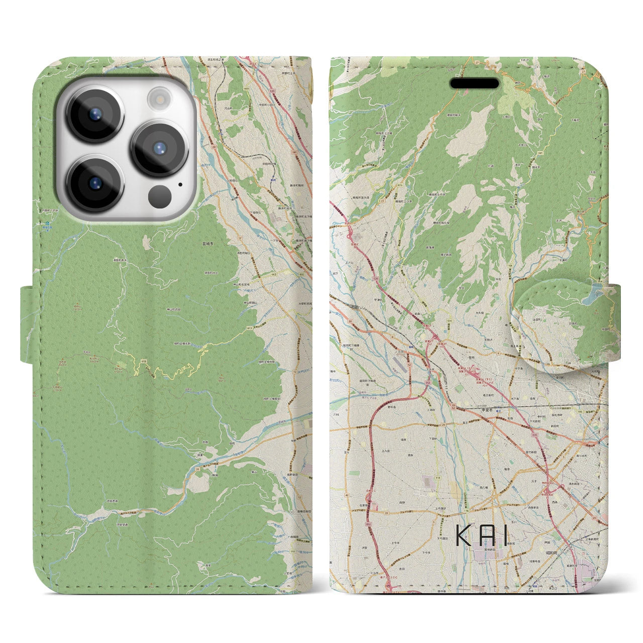 【甲斐】地図柄iPhoneケース（手帳両面タイプ・ナチュラル）iPhone 14 Pro 用