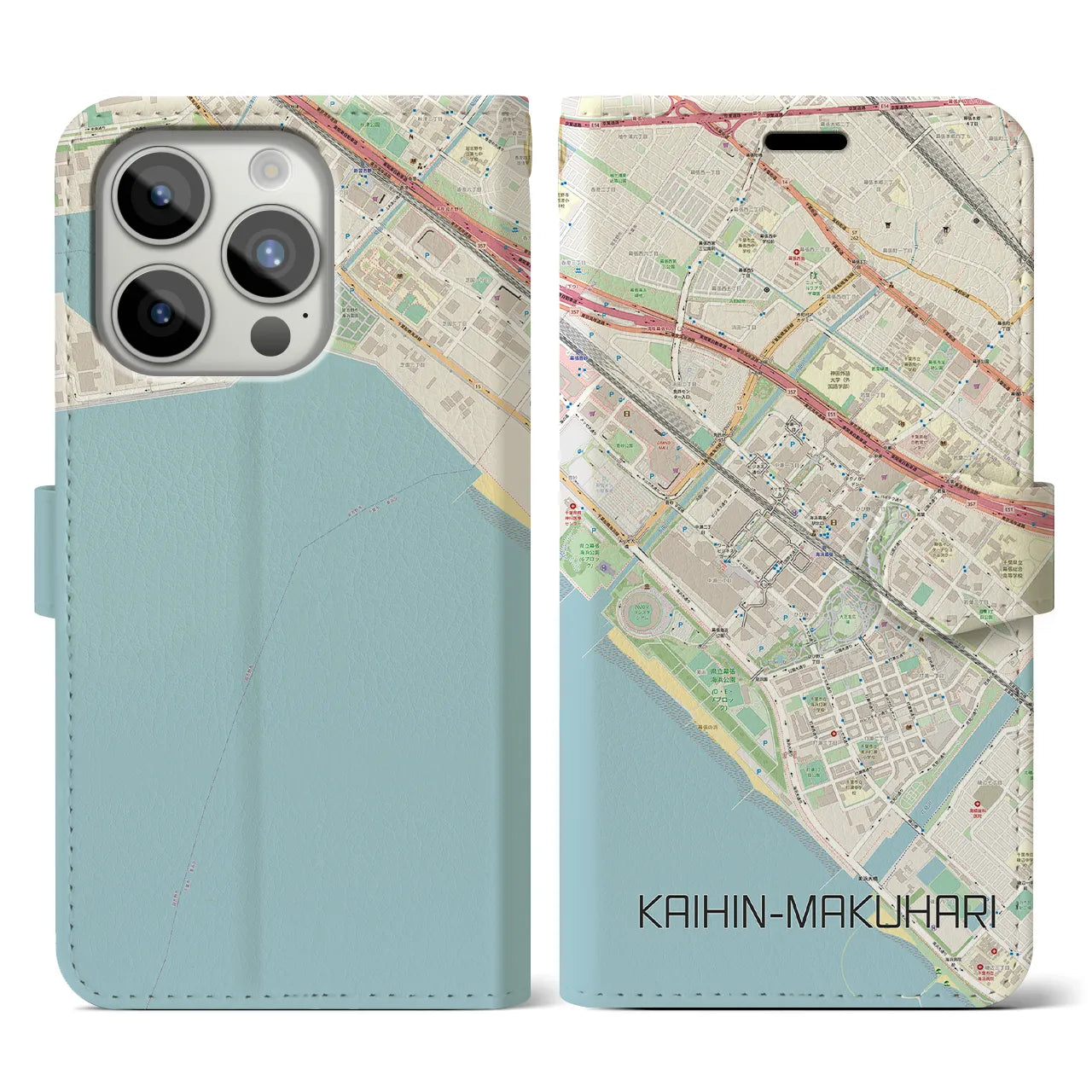 【海浜幕張】地図柄iPhoneケース（手帳両面タイプ・ナチュラル）iPhone 15 Pro 用