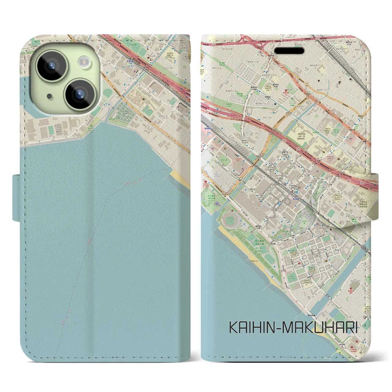 【海浜幕張】地図柄iPhoneケース（手帳両面タイプ・ナチュラル）iPhone 15 用