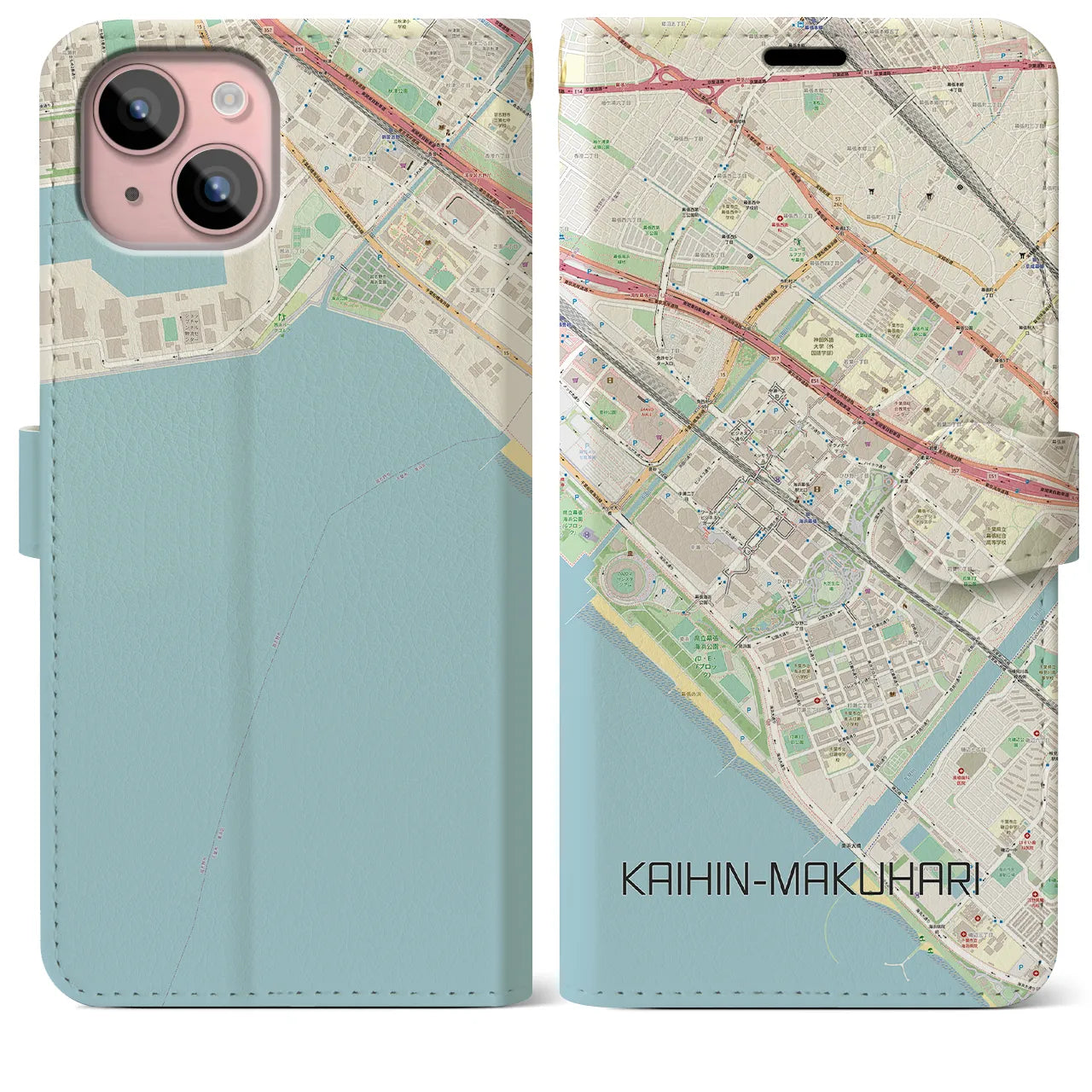 【海浜幕張】地図柄iPhoneケース（手帳両面タイプ・ナチュラル）iPhone 15 Plus 用