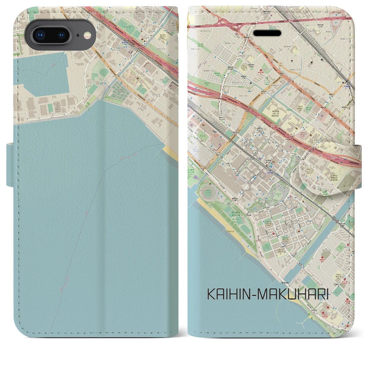 【海浜幕張】地図柄iPhoneケース（手帳両面タイプ・ナチュラル）iPhone 8Plus /7Plus / 6sPlus / 6Plus 用