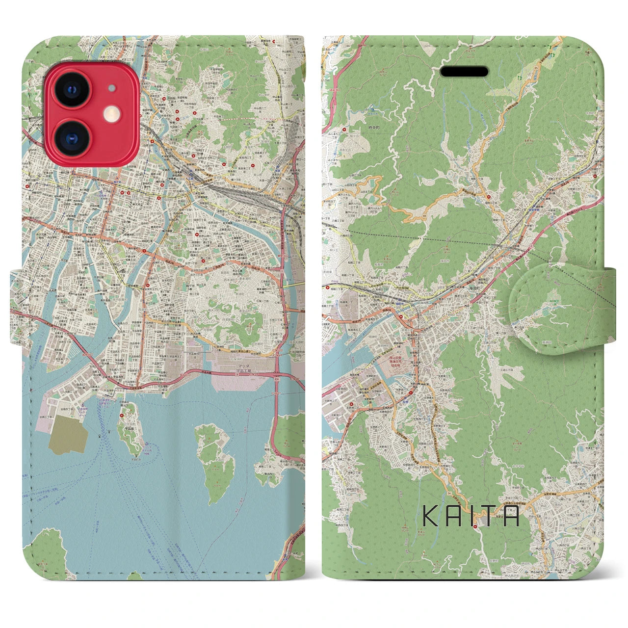 【海田】地図柄iPhoneケース（手帳両面タイプ・ナチュラル）iPhone 11 用