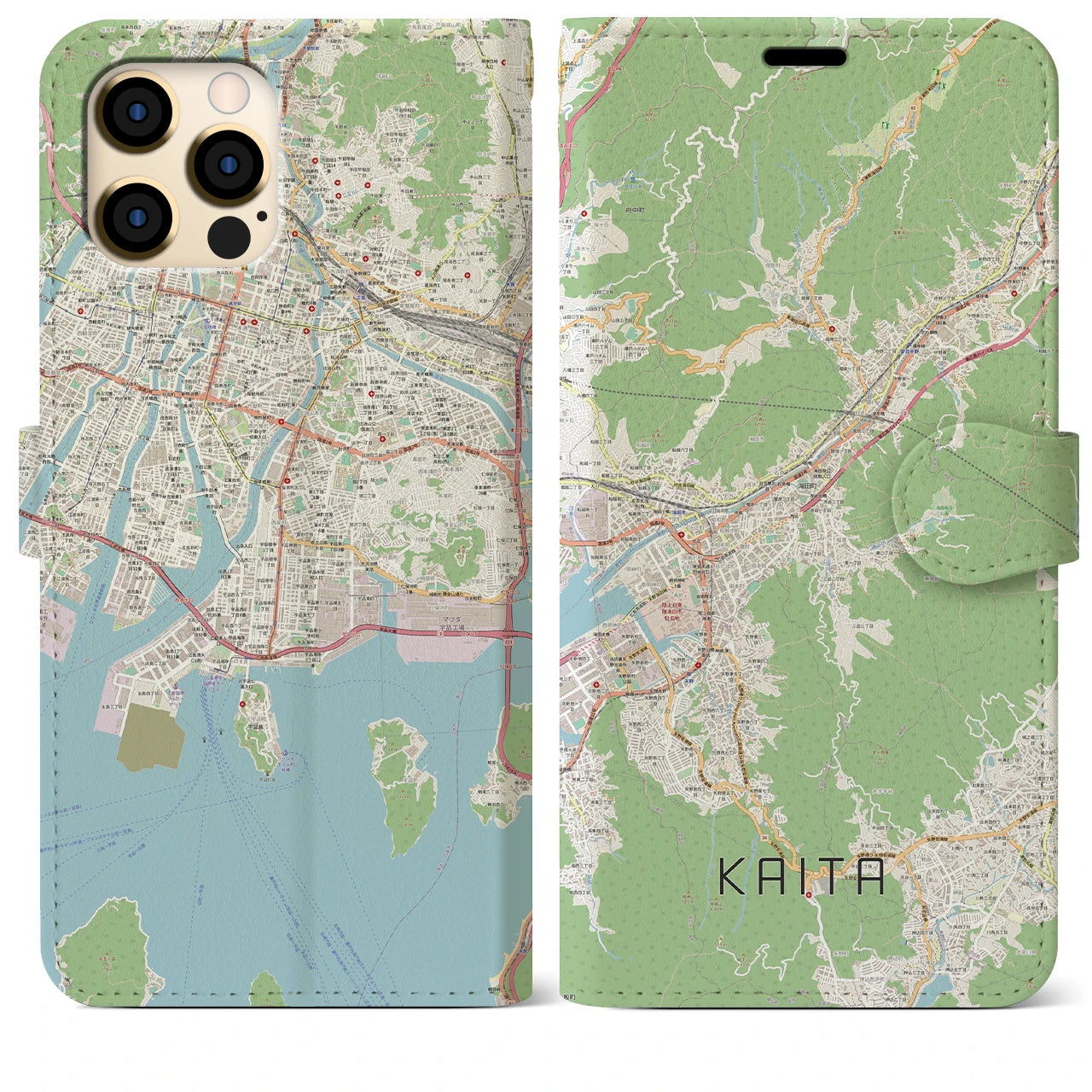 【海田】地図柄iPhoneケース（手帳両面タイプ・ナチュラル）iPhone 12 Pro Max 用