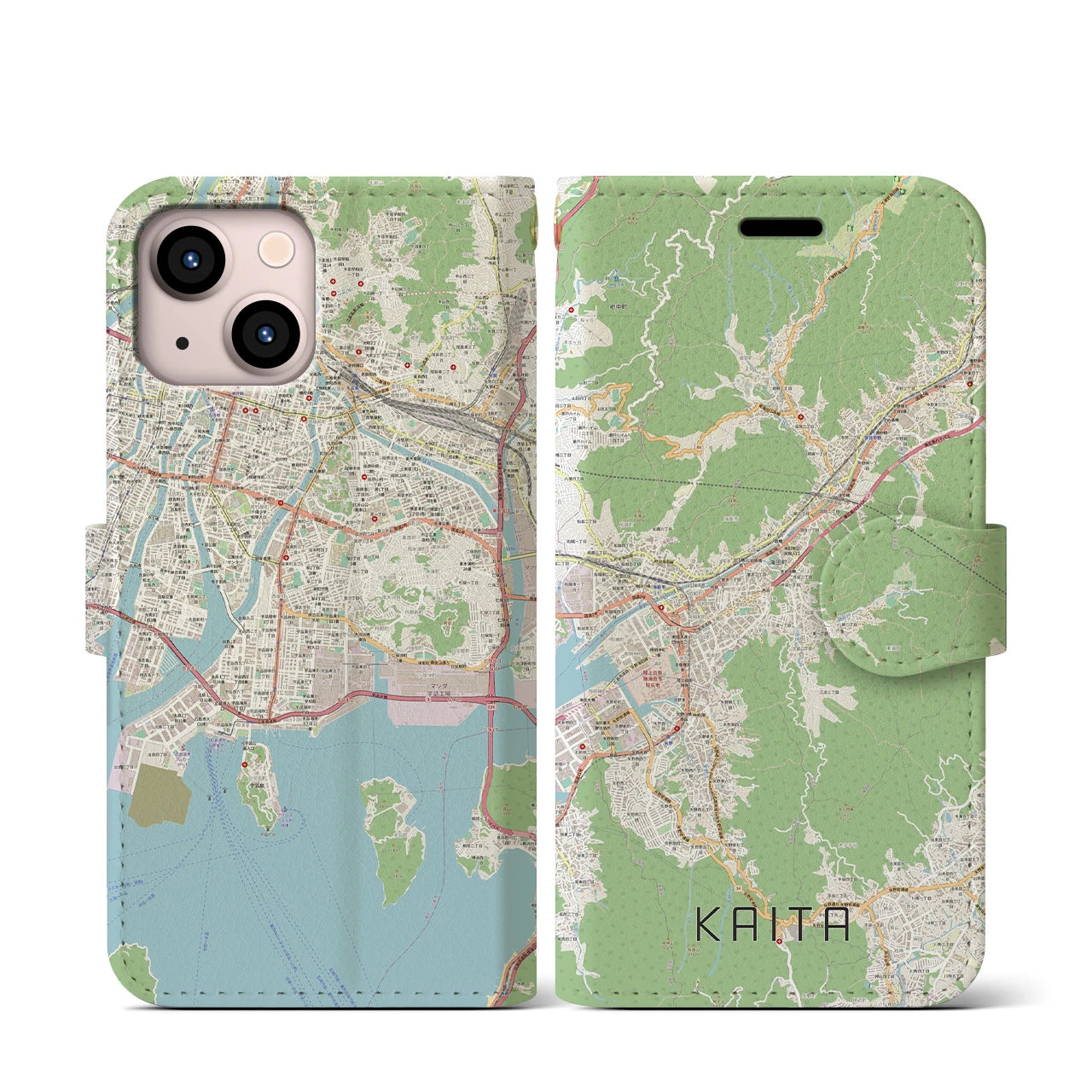【海田】地図柄iPhoneケース（手帳両面タイプ・ナチュラル）iPhone 13 mini 用