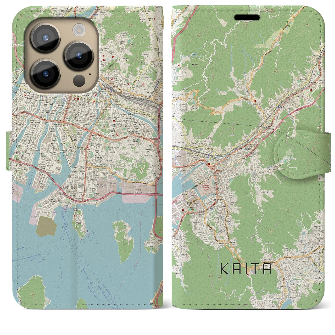 【海田】地図柄iPhoneケース（手帳両面タイプ・ナチュラル）iPhone 14 Pro Max 用