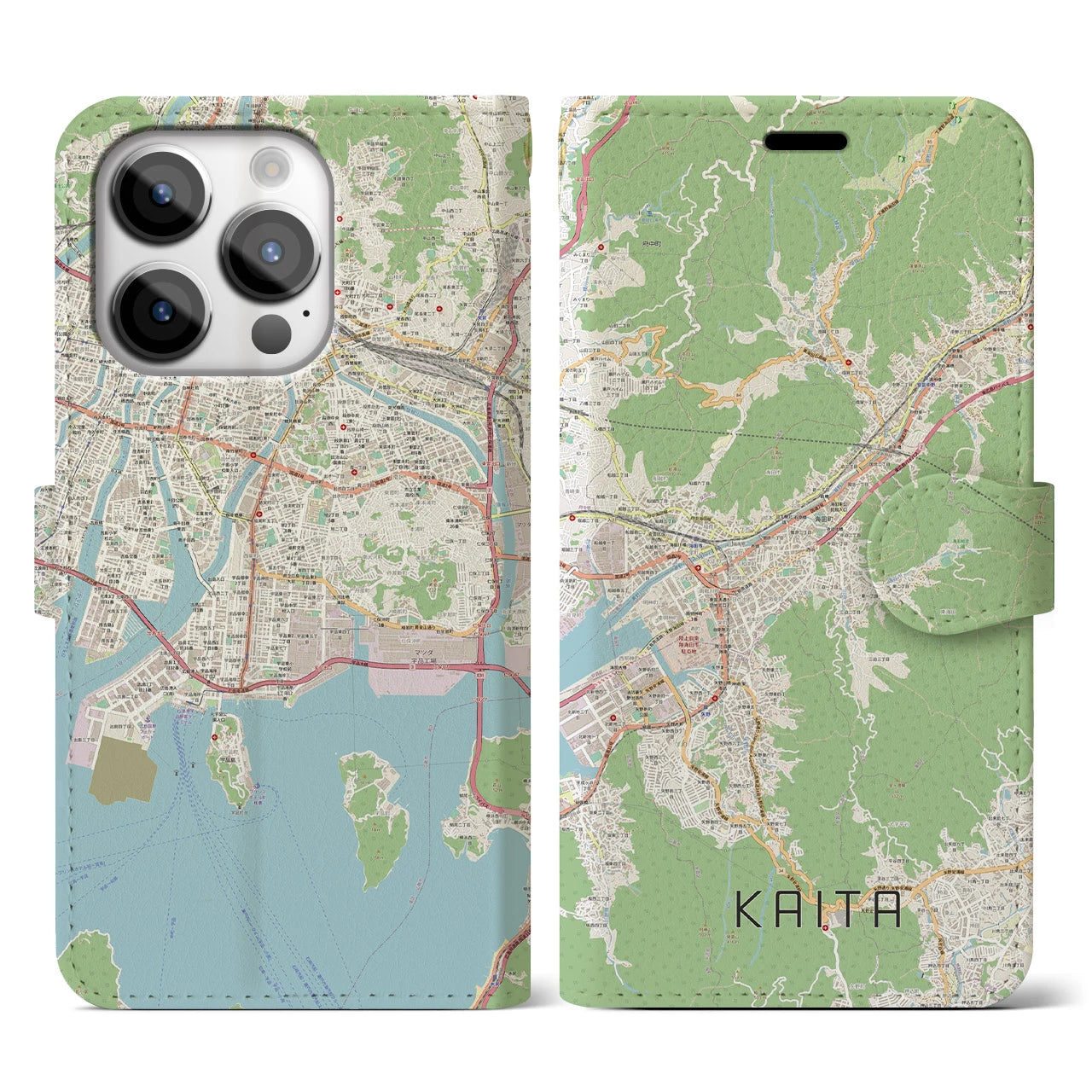【海田】地図柄iPhoneケース（手帳両面タイプ・ナチュラル）iPhone 14 Pro 用