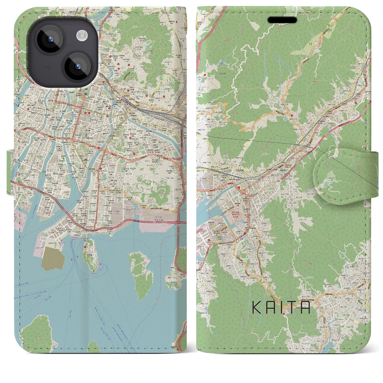 【海田】地図柄iPhoneケース（手帳両面タイプ・ナチュラル）iPhone 14 Plus 用