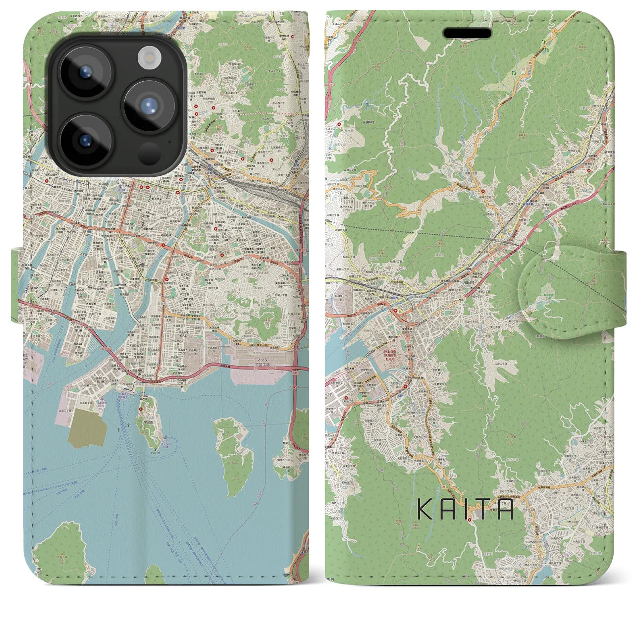 【海田】地図柄iPhoneケース（手帳両面タイプ・ナチュラル）iPhone 15 Pro Max 用