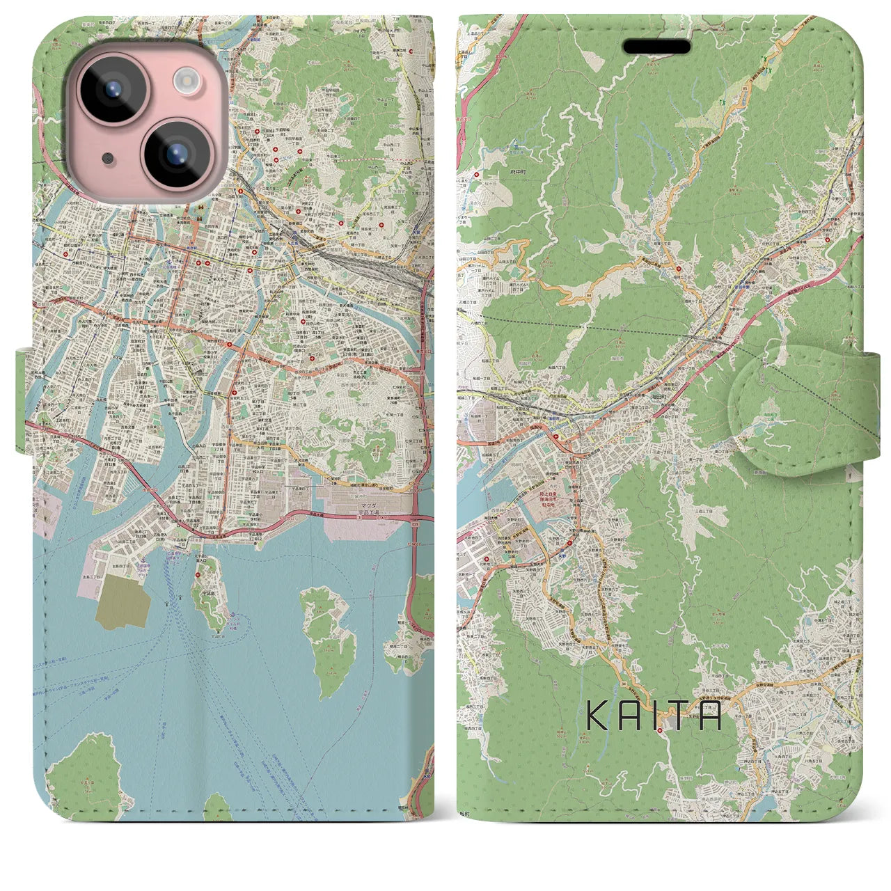 【海田】地図柄iPhoneケース（手帳両面タイプ・ナチュラル）iPhone 15 Plus 用