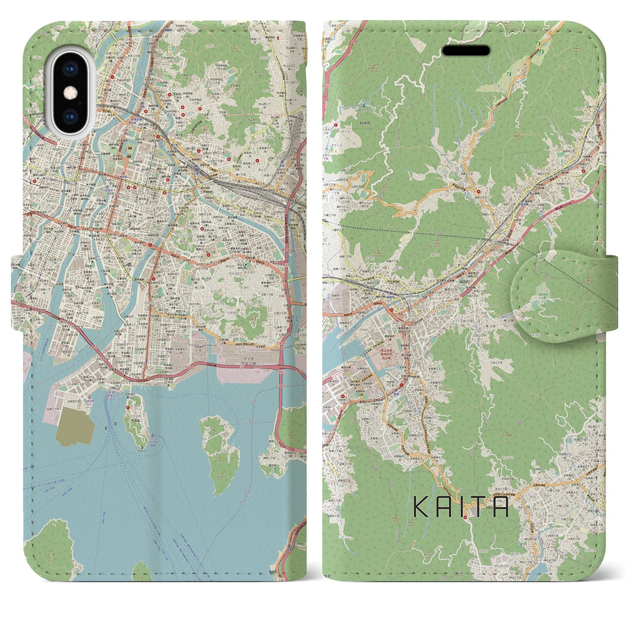 【海田】地図柄iPhoneケース（手帳両面タイプ・ナチュラル）iPhone XS Max 用