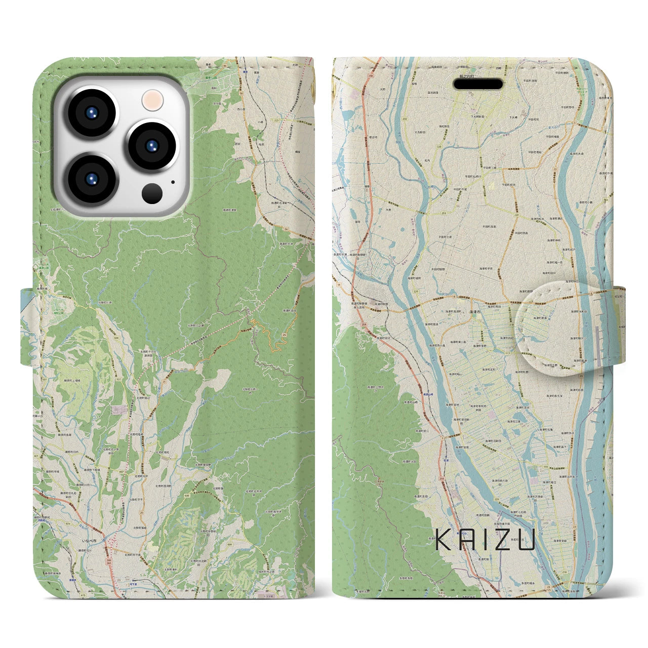 【海津】地図柄iPhoneケース（手帳両面タイプ・ナチュラル）iPhone 13 Pro 用