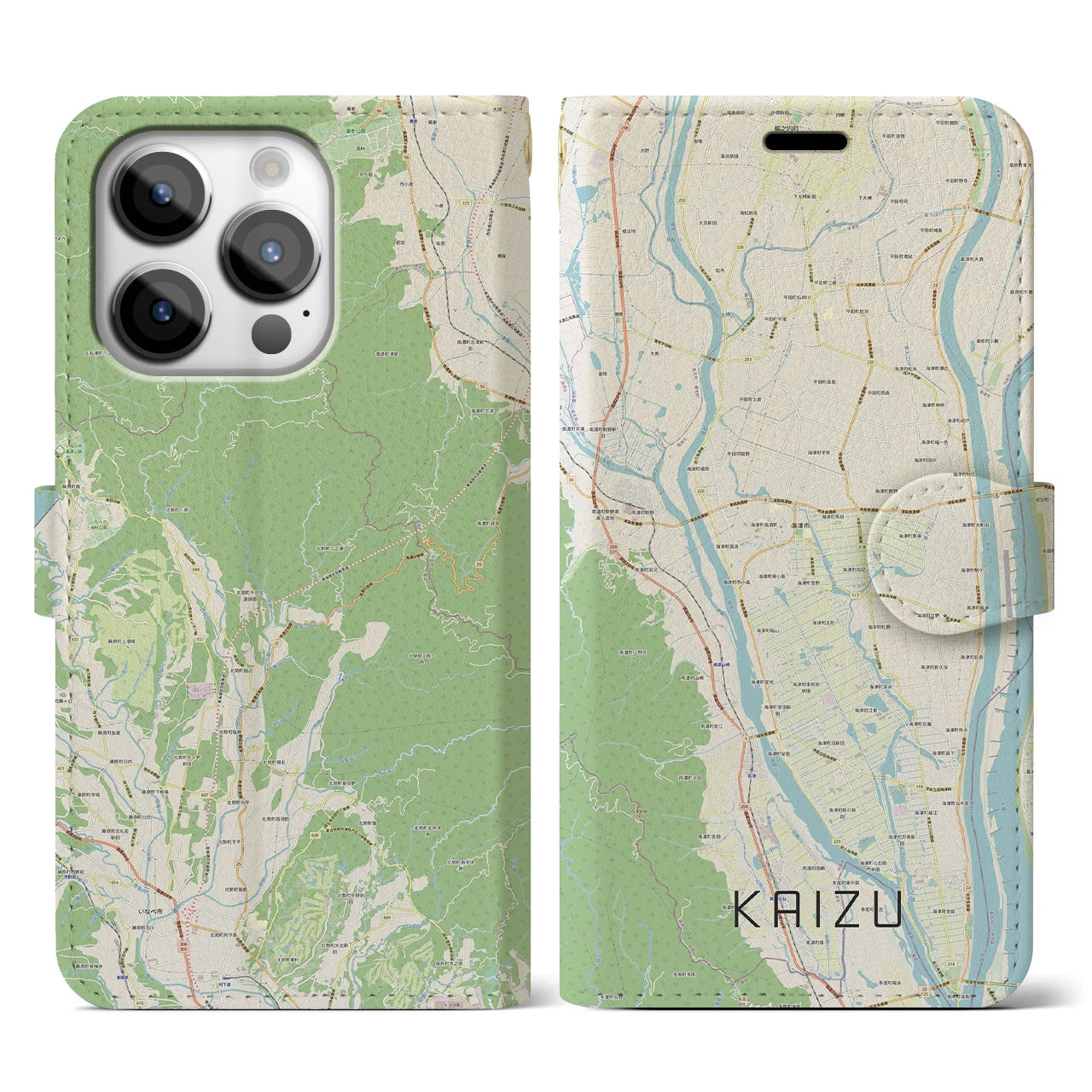 【海津】地図柄iPhoneケース（手帳両面タイプ・ナチュラル）iPhone 14 Pro 用