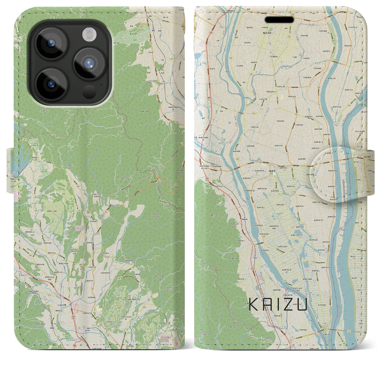 【海津】地図柄iPhoneケース（手帳両面タイプ・ナチュラル）iPhone 15 Pro Max 用