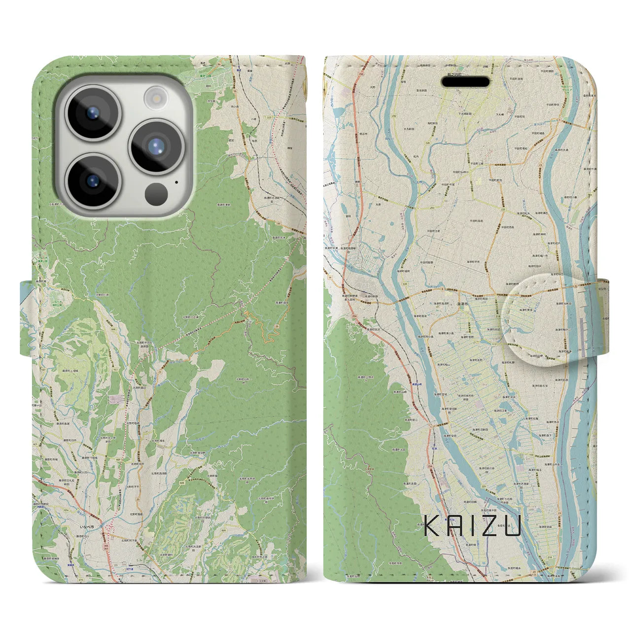 【海津】地図柄iPhoneケース（手帳両面タイプ・ナチュラル）iPhone 15 Pro 用