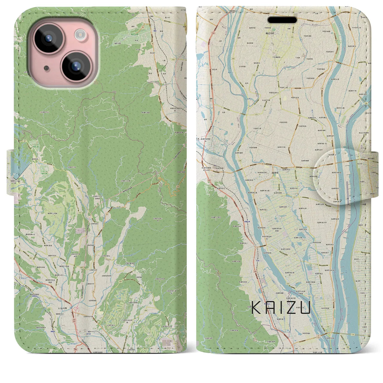 【海津】地図柄iPhoneケース（手帳両面タイプ・ナチュラル）iPhone 15 Plus 用
