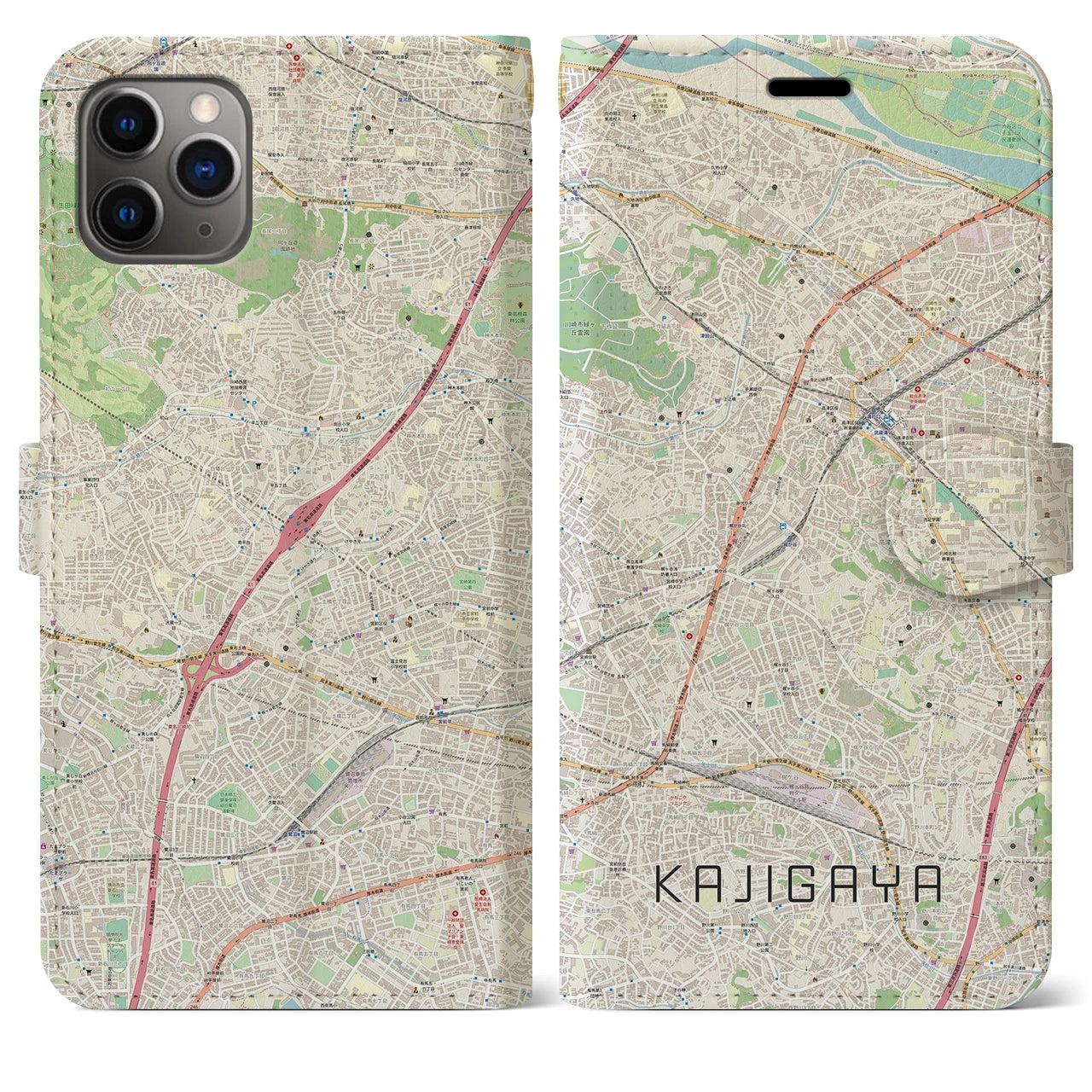 【梶が谷】地図柄iPhoneケース（手帳両面タイプ・ナチュラル）iPhone 11 Pro Max 用
