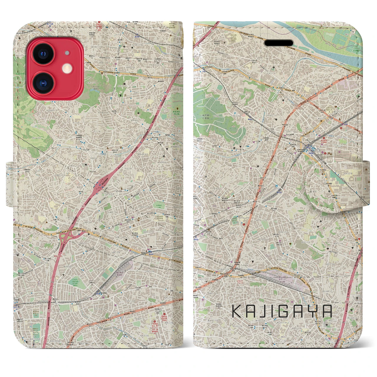 【梶が谷】地図柄iPhoneケース（手帳両面タイプ・ナチュラル）iPhone 11 用