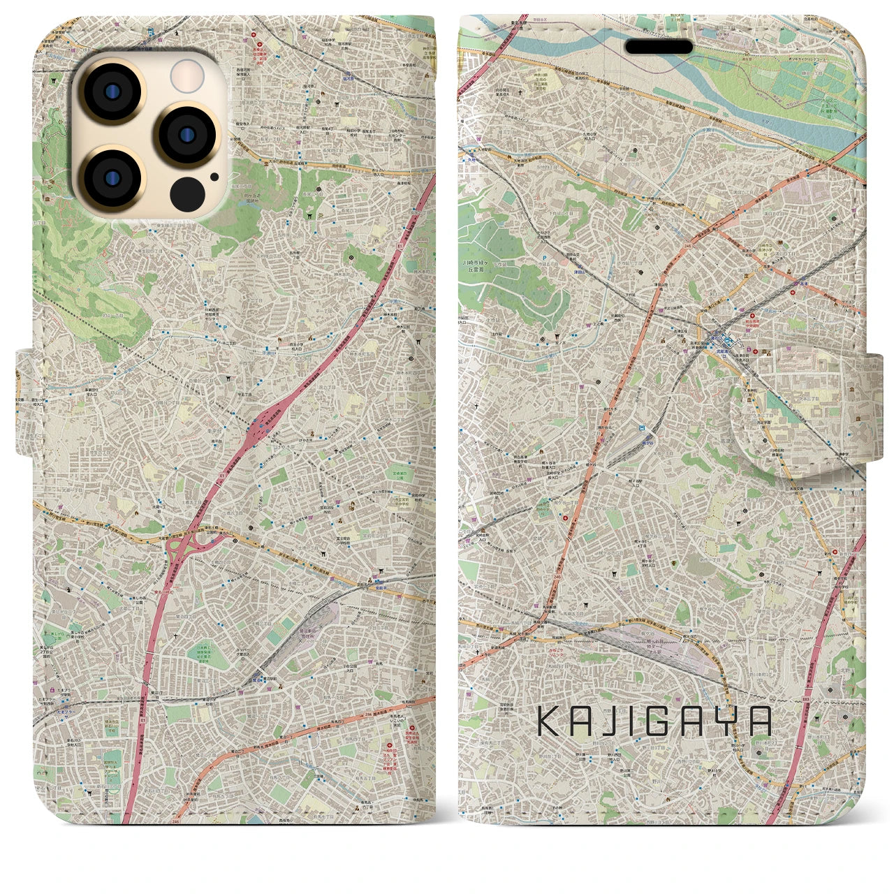 【梶が谷】地図柄iPhoneケース（手帳両面タイプ・ナチュラル）iPhone 12 Pro Max 用