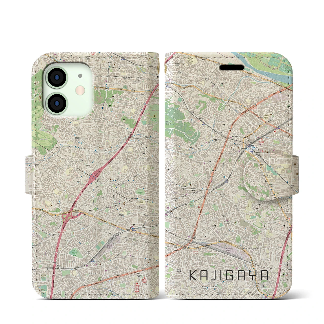 【梶が谷】地図柄iPhoneケース（手帳両面タイプ・ナチュラル）iPhone 12 mini 用
