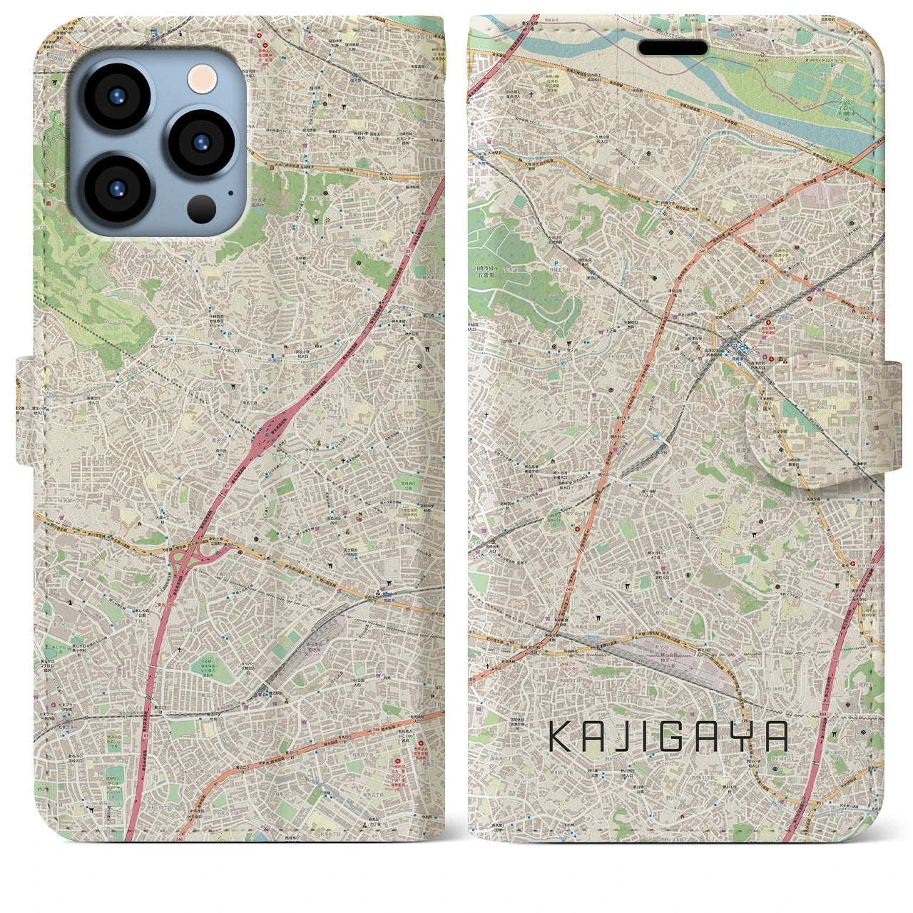 【梶が谷】地図柄iPhoneケース（手帳両面タイプ・ナチュラル）iPhone 13 Pro Max 用