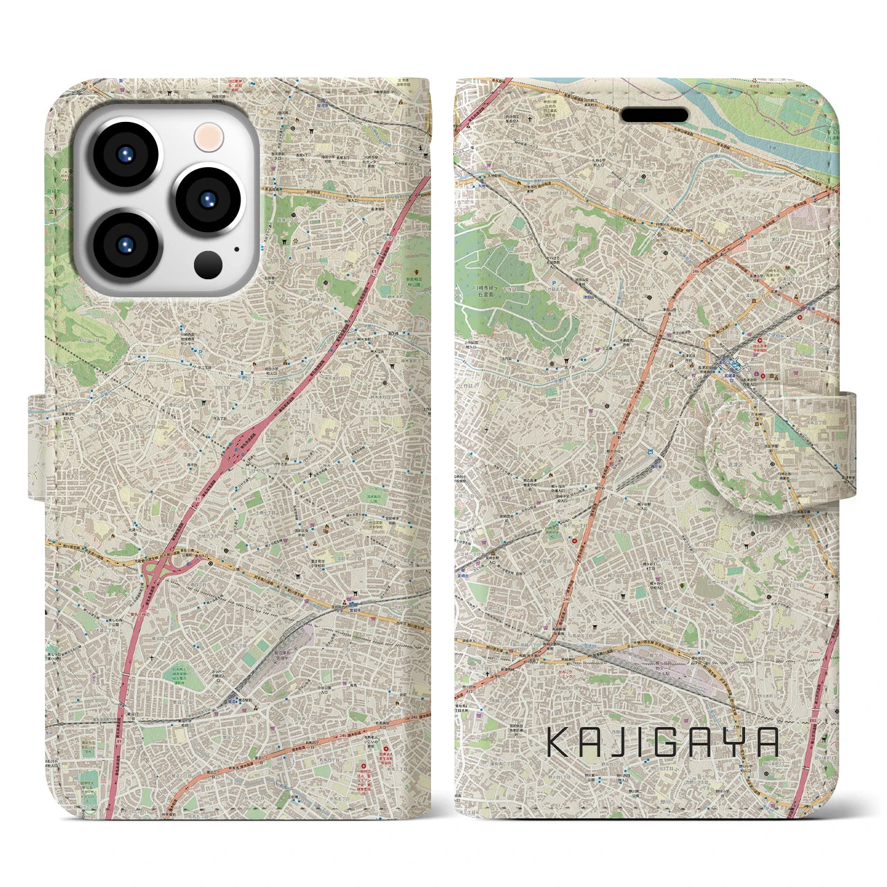 【梶が谷】地図柄iPhoneケース（手帳両面タイプ・ナチュラル）iPhone 13 Pro 用