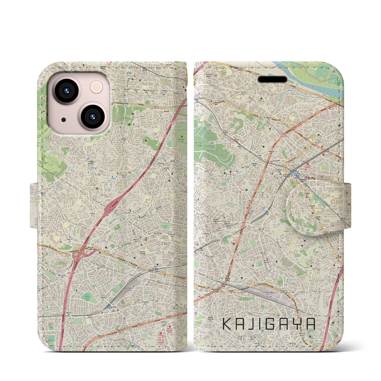 【梶が谷】地図柄iPhoneケース（手帳両面タイプ・ナチュラル）iPhone 13 mini 用