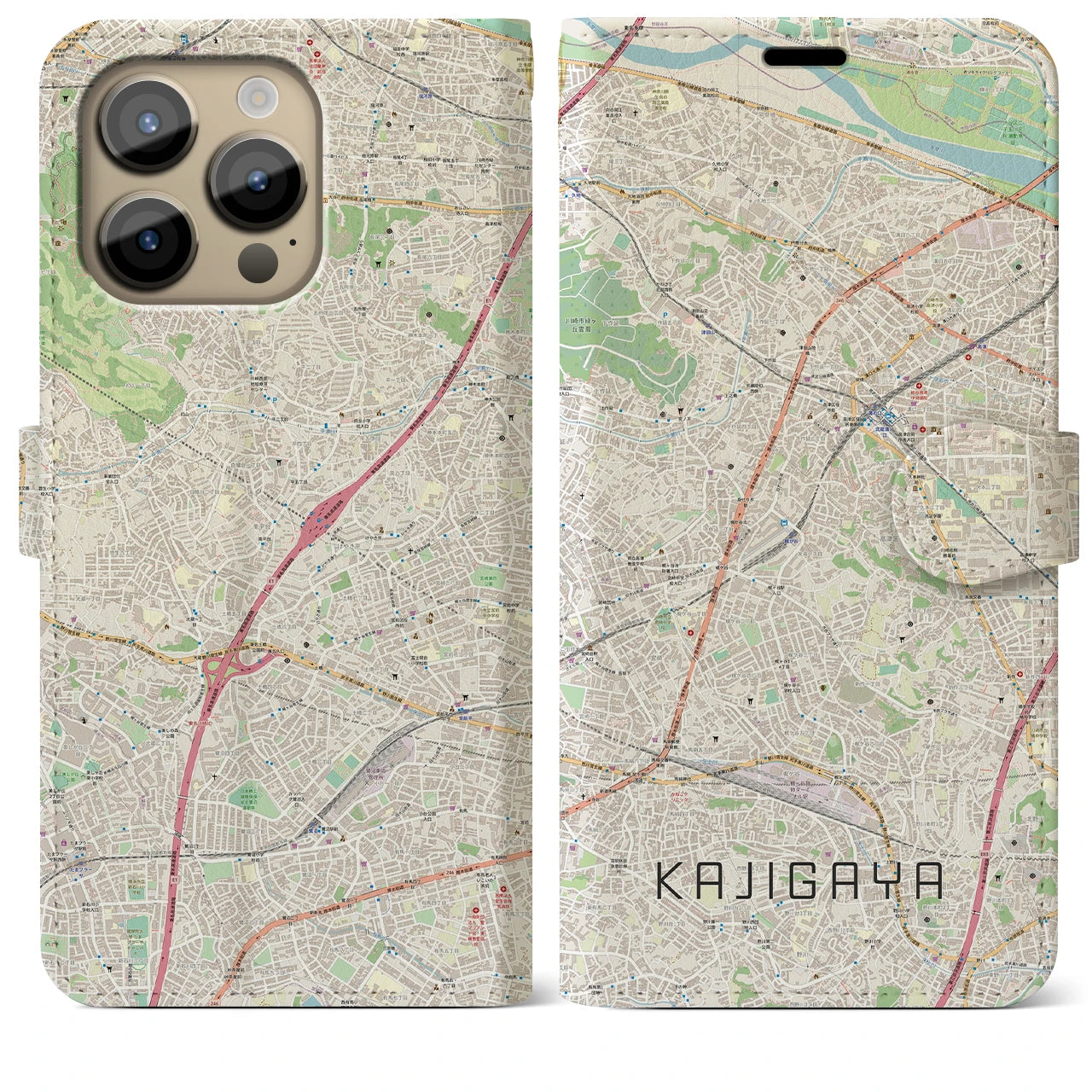 【梶が谷】地図柄iPhoneケース（手帳両面タイプ・ナチュラル）iPhone 14 Pro Max 用
