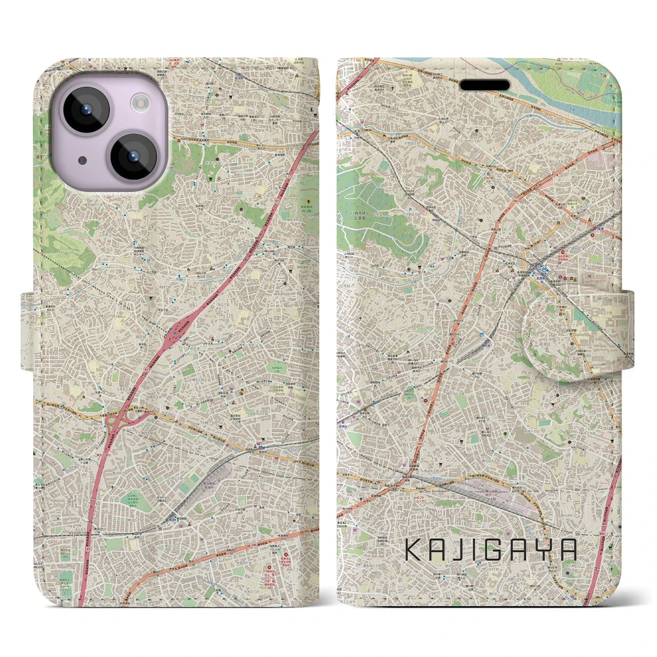【梶が谷】地図柄iPhoneケース（手帳両面タイプ・ナチュラル）iPhone 14 用