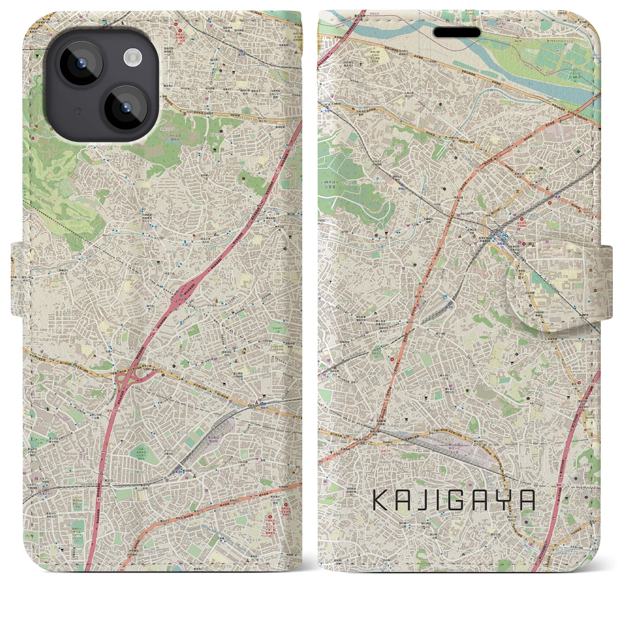 【梶が谷】地図柄iPhoneケース（手帳両面タイプ・ナチュラル）iPhone 14 Plus 用