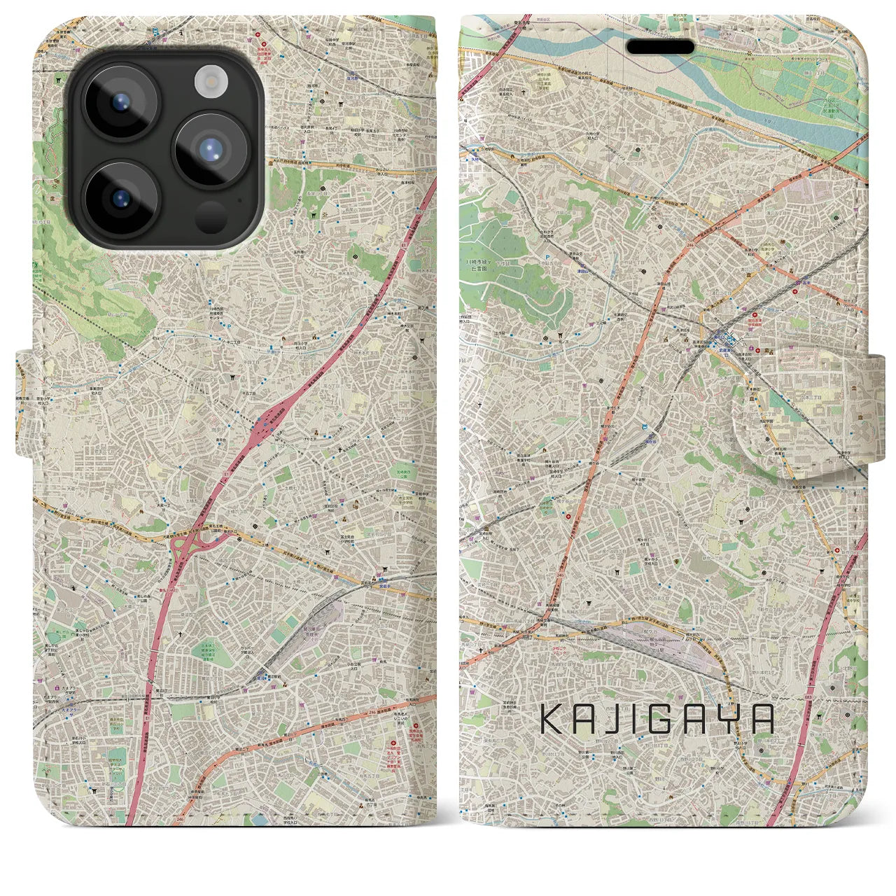 【梶が谷】地図柄iPhoneケース（手帳両面タイプ・ナチュラル）iPhone 15 Pro Max 用