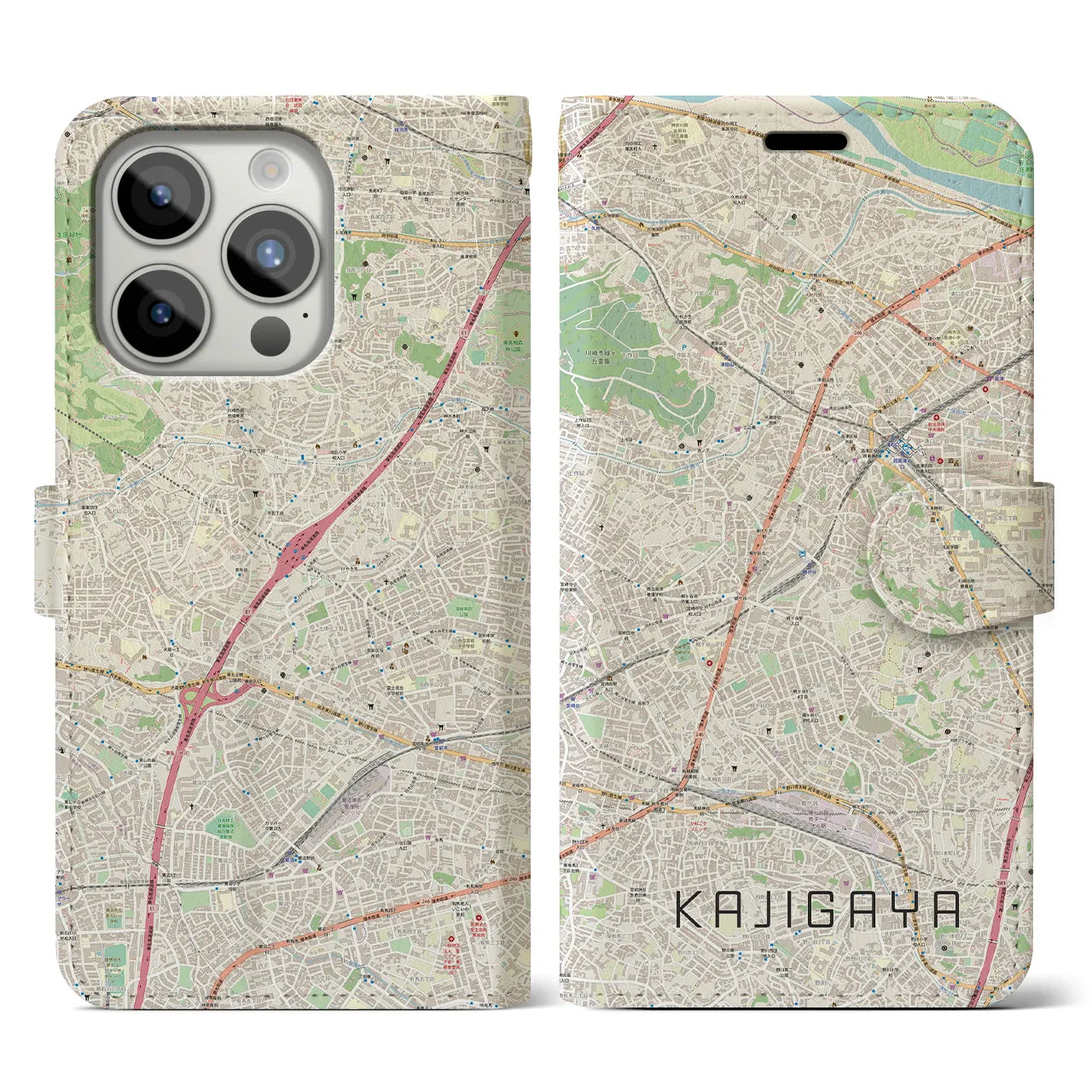 【梶が谷】地図柄iPhoneケース（手帳両面タイプ・ナチュラル）iPhone 15 Pro 用