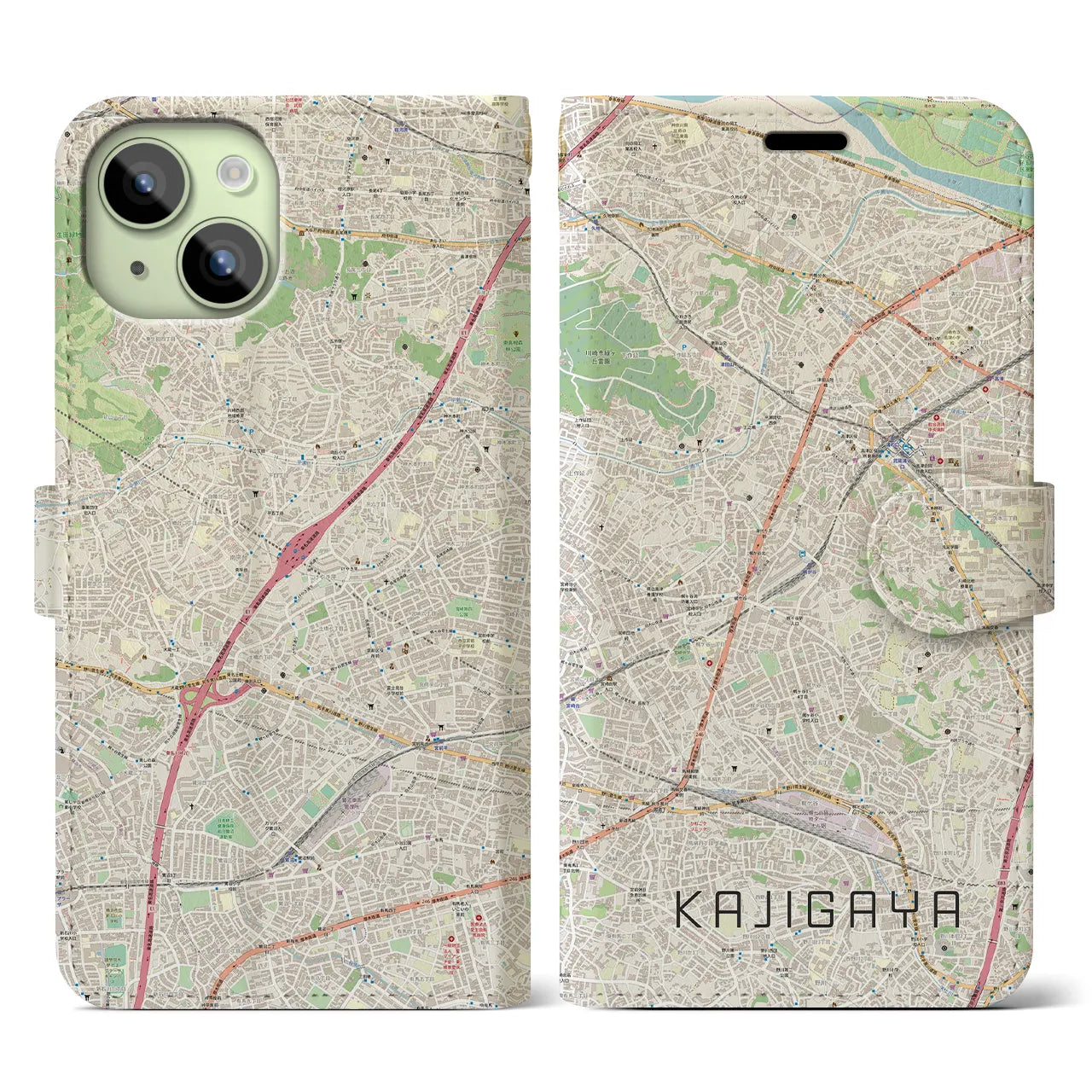 【梶が谷】地図柄iPhoneケース（手帳両面タイプ・ナチュラル）iPhone 15 用