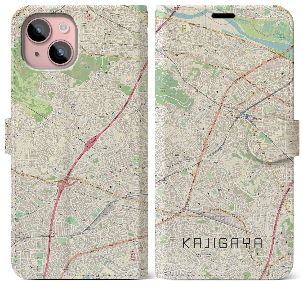 【梶が谷】地図柄iPhoneケース（手帳両面タイプ・ナチュラル）iPhone 15 Plus 用