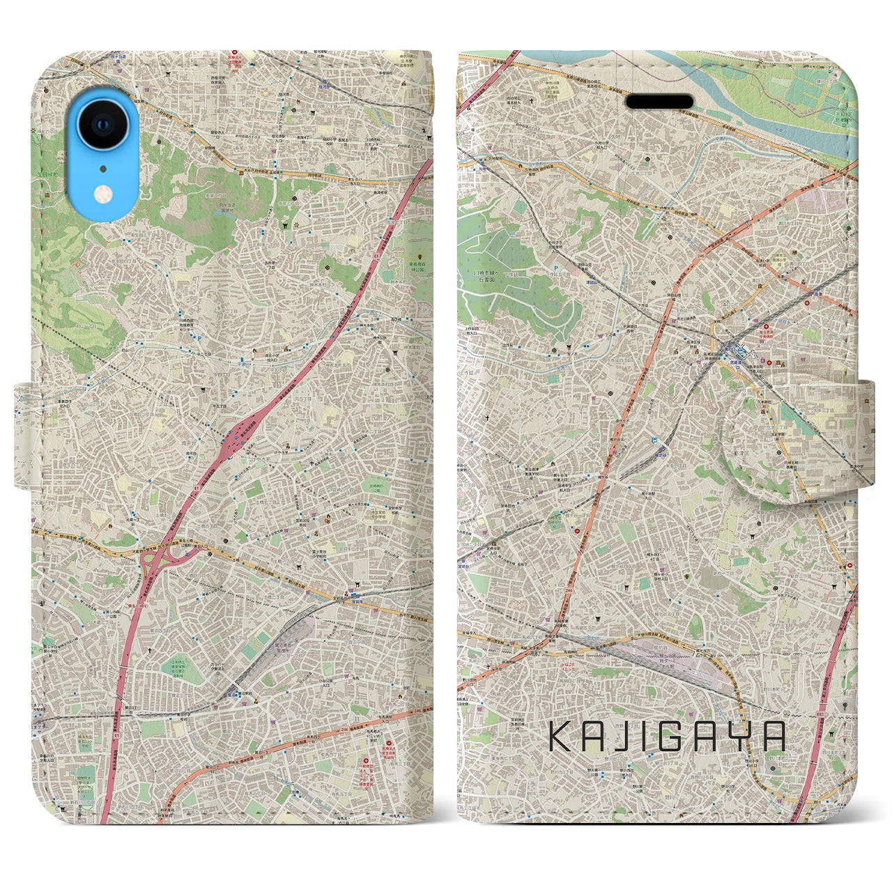 【梶が谷】地図柄iPhoneケース（手帳両面タイプ・ナチュラル）iPhone XR 用