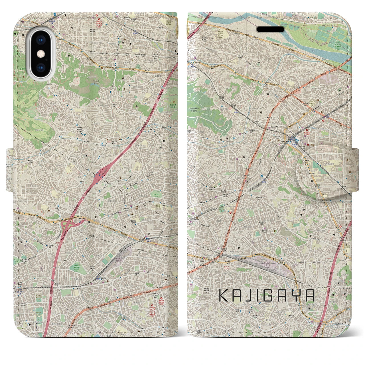 【梶が谷】地図柄iPhoneケース（手帳両面タイプ・ナチュラル）iPhone XS Max 用