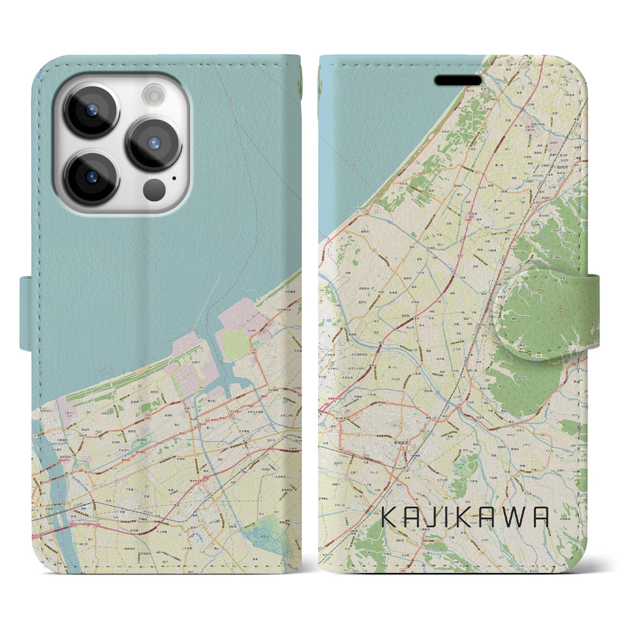 【加治川】地図柄iPhoneケース（手帳両面タイプ・ナチュラル）iPhone 14 Pro 用