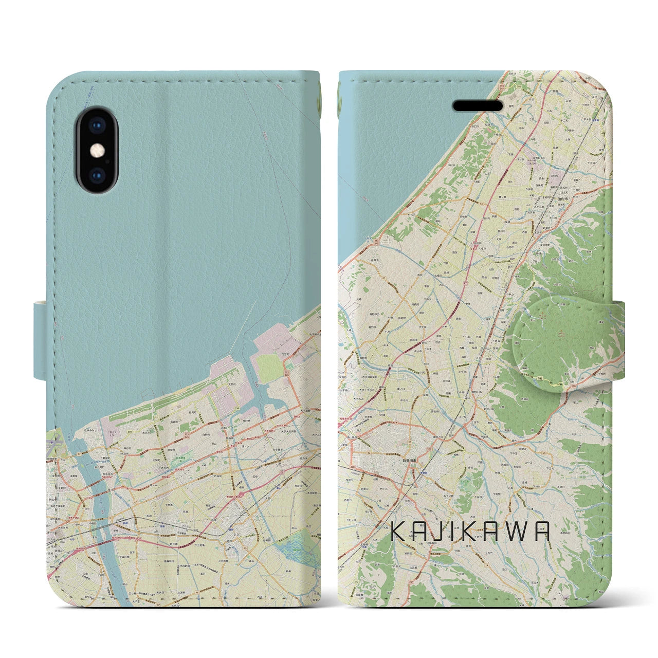 【加治川】地図柄iPhoneケース（手帳両面タイプ・ナチュラル）iPhone XS / X 用