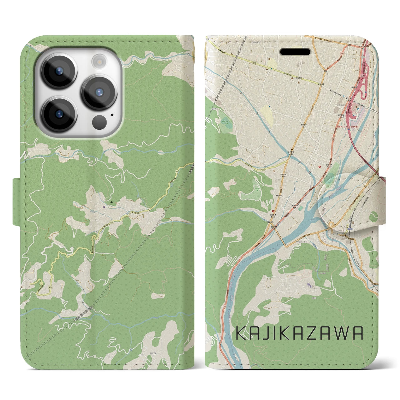 【鰍沢】地図柄iPhoneケース（手帳両面タイプ・ナチュラル）iPhone 14 Pro 用