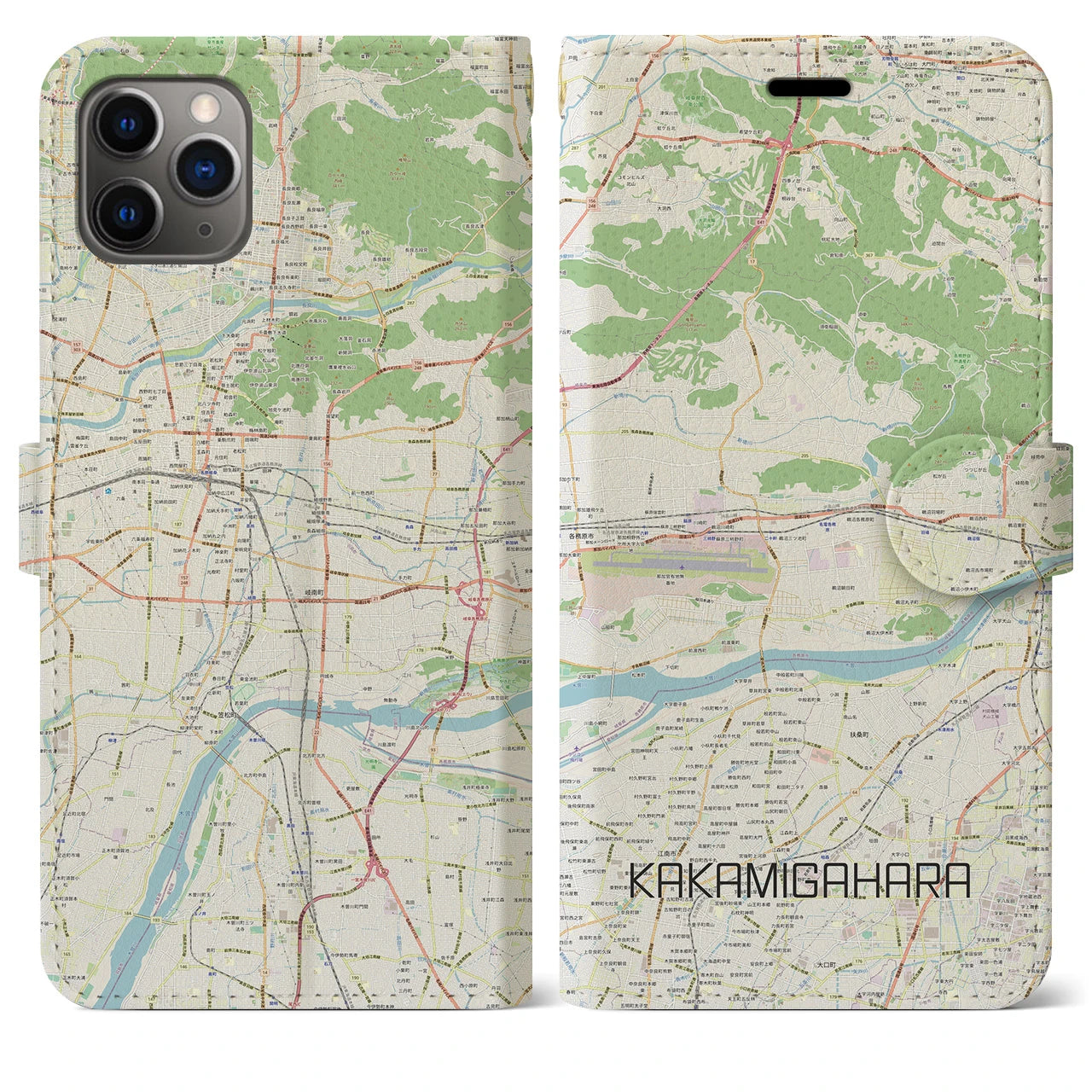 【各務原】地図柄iPhoneケース（手帳両面タイプ・ナチュラル）iPhone 11 Pro Max 用