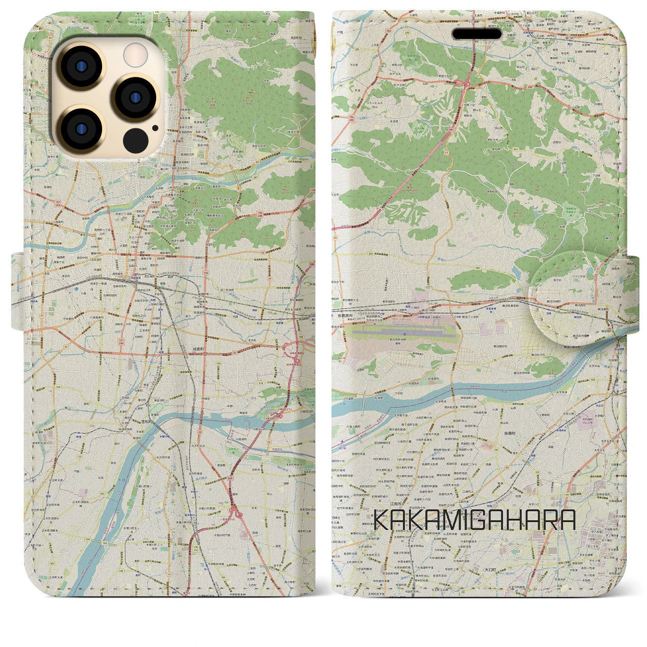 【各務原】地図柄iPhoneケース（手帳両面タイプ・ナチュラル）iPhone 12 Pro Max 用