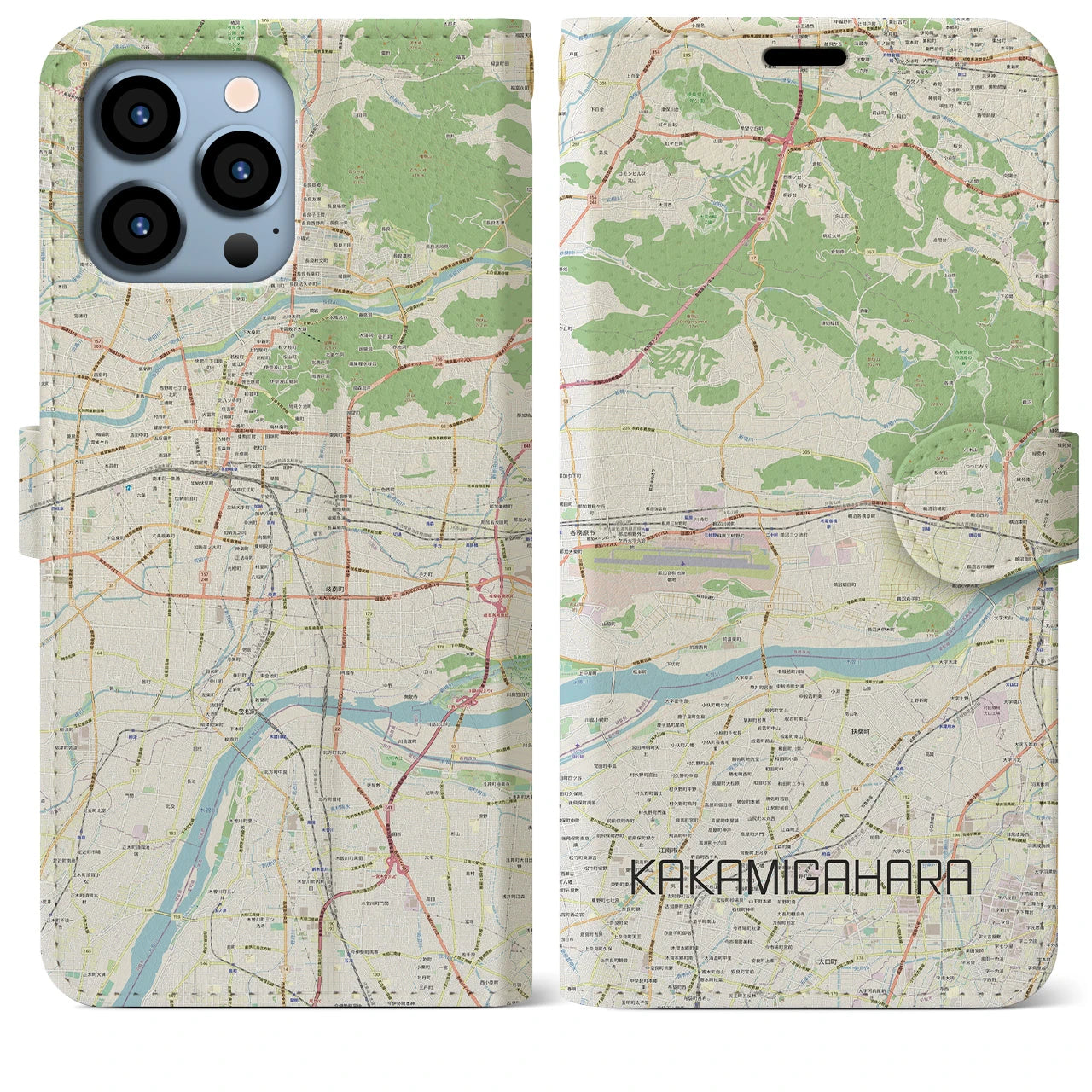 【各務原】地図柄iPhoneケース（手帳両面タイプ・ナチュラル）iPhone 13 Pro Max 用