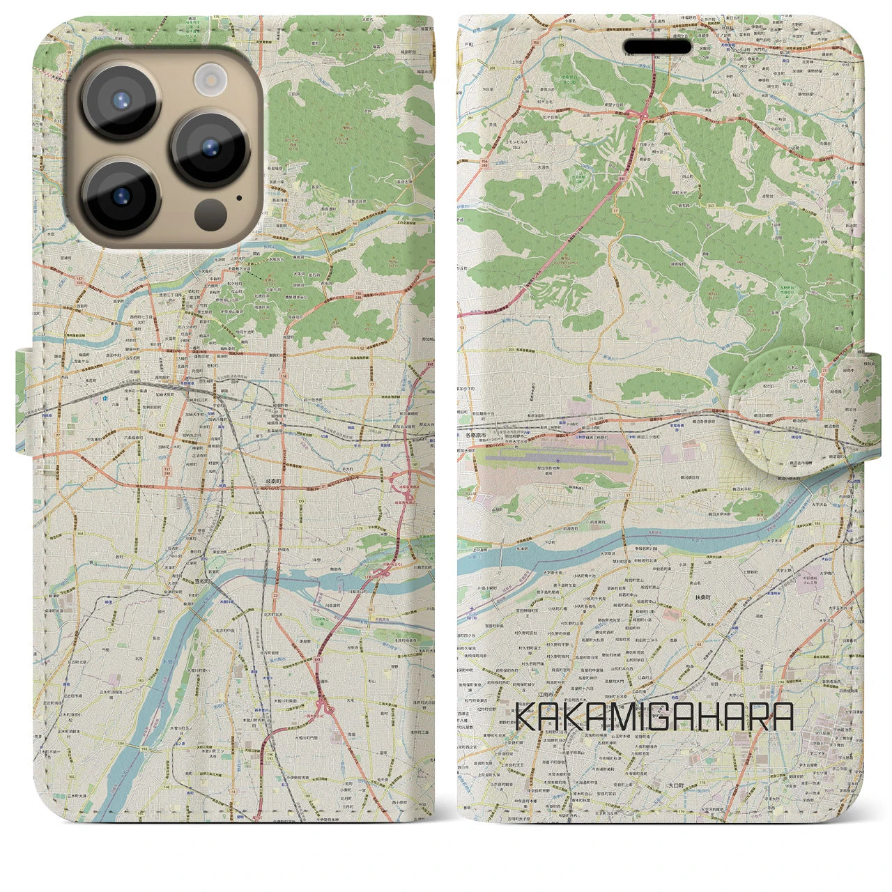 【各務原】地図柄iPhoneケース（手帳両面タイプ・ナチュラル）iPhone 14 Pro Max 用