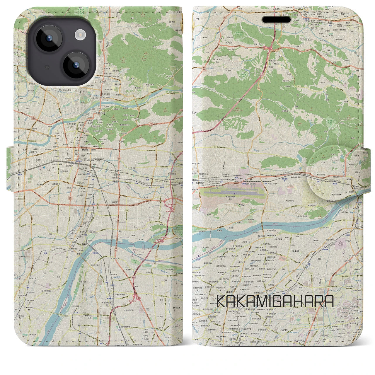 【各務原】地図柄iPhoneケース（手帳両面タイプ・ナチュラル）iPhone 14 Plus 用